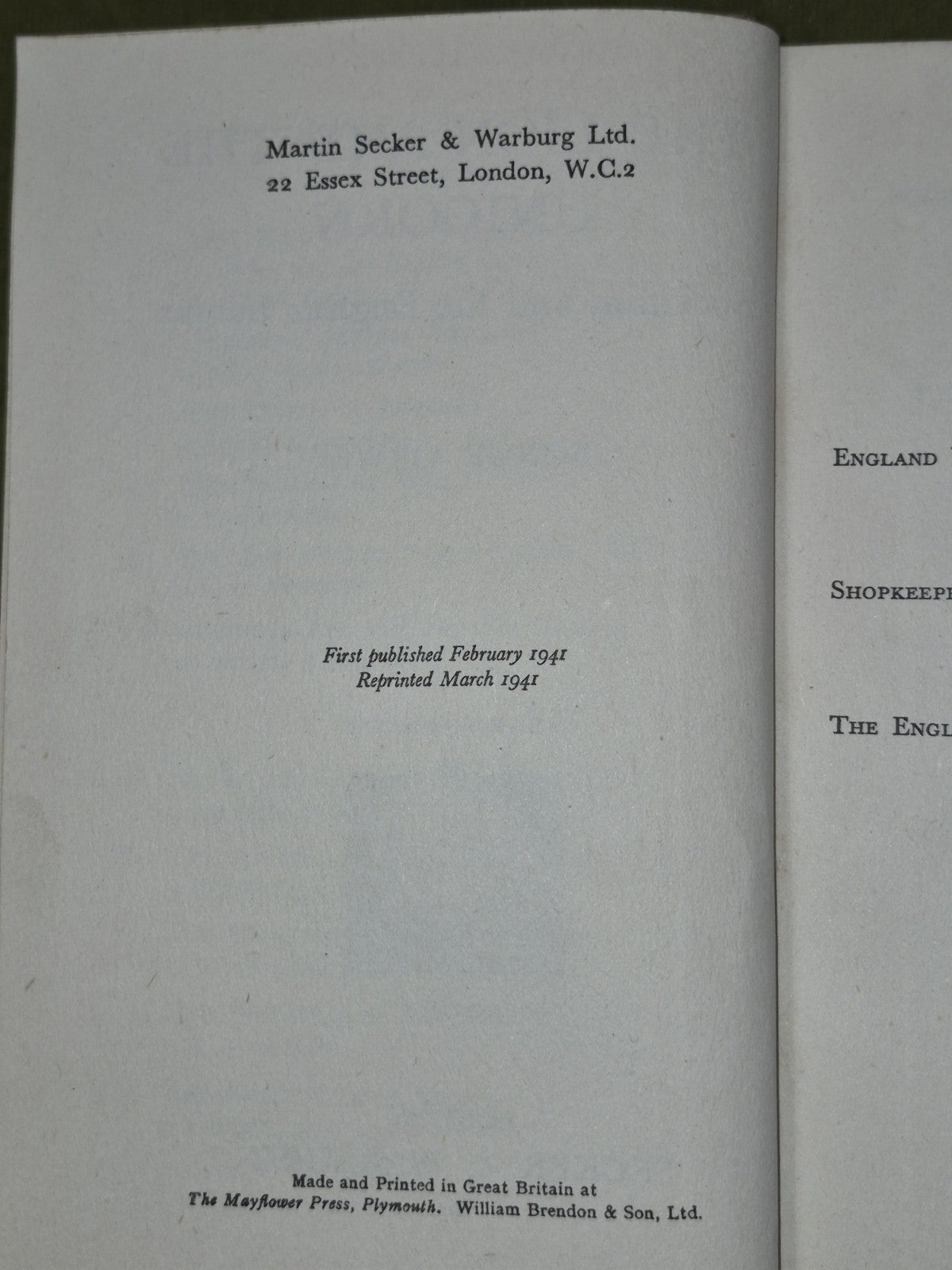 Lion and the Unicorn Orwell First Edition 1941 Secker & Warburg Second Printing 6