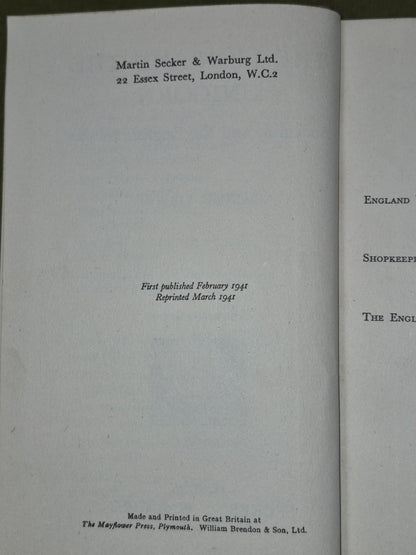 Lion and the Unicorn Orwell First Edition 1941 Secker & Warburg Second Printing 6