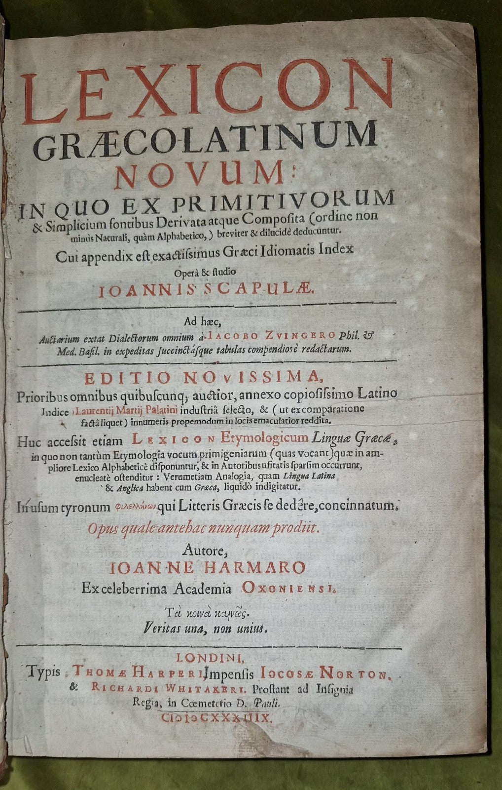 1637 Greek-Roman Lexicon - In Quo Ex Primitivorum - Ioannis Scapulae - Leather0