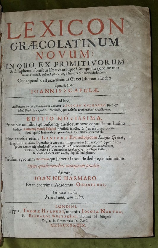 1637 Greek-Roman Lexicon - In Quo Ex Primitivorum - Ioannis Scapulae - Leather0