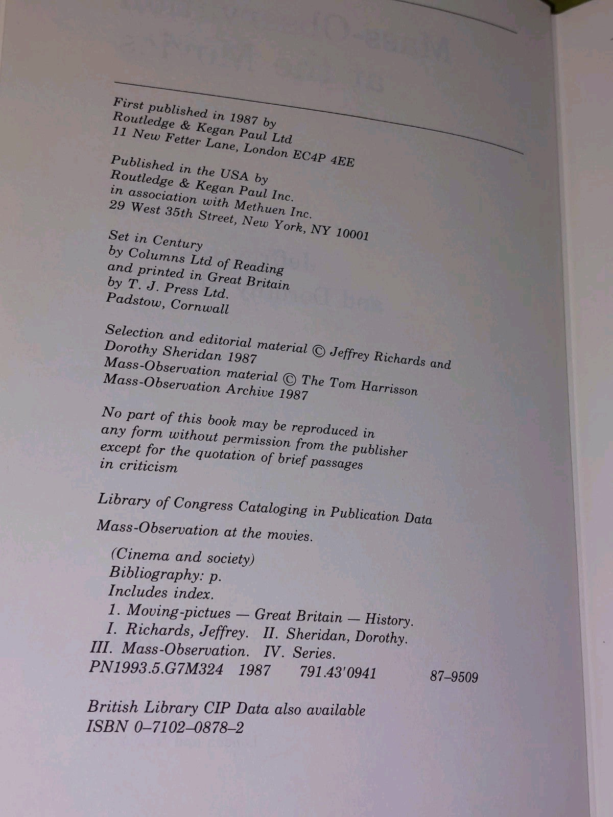 Mass Observation at the Movies (1987) J Richards & D Sheridan Hb Book4