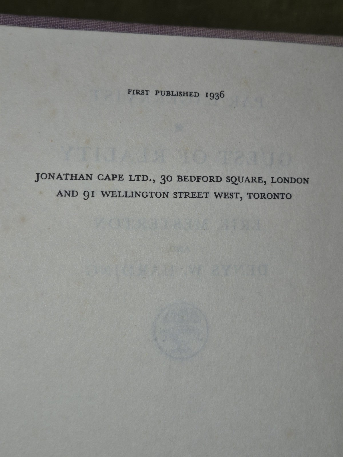 Guest of Reality First Edition Erik Mesterton Jonathan Cape 19366