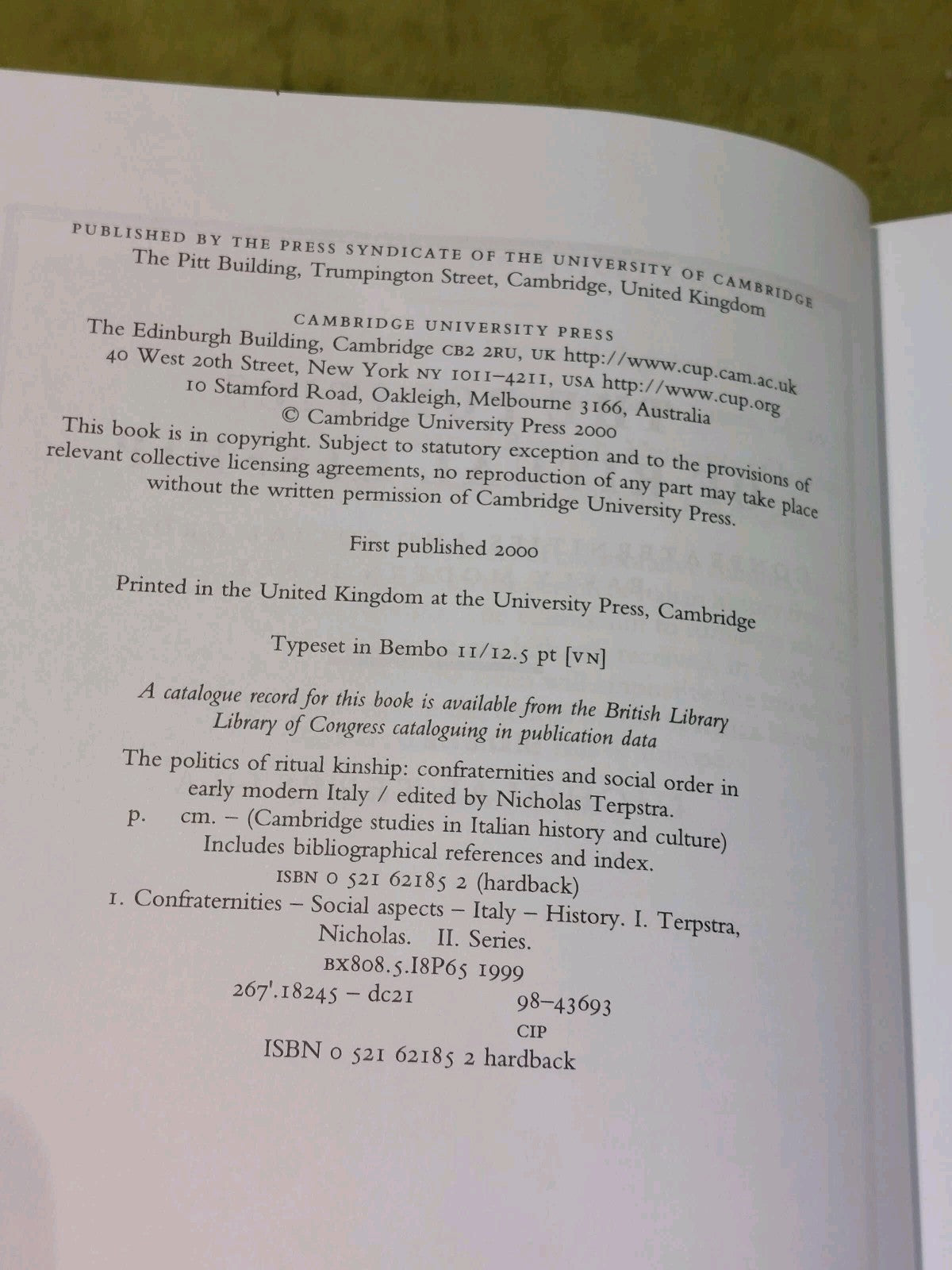 The Politics of Ritual Kinship : Confraternities & Social Order - Terpstra 20004