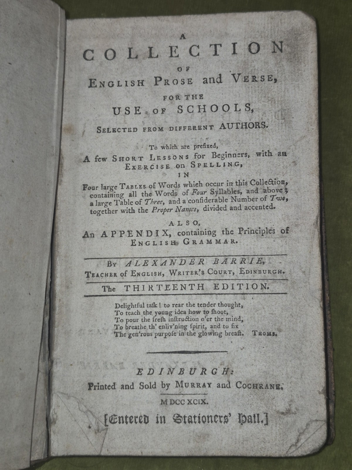 A Collection of English Prose and Verse Alexander Barrie use of Schools 17996