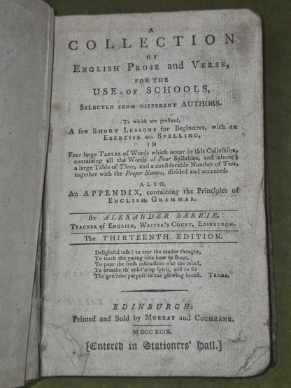 A Collection of English Prose and Verse Alexander Barrie use of Schools 17996