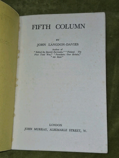 Fifth Column John Langdon-Davies John Murray 1940 First Edition3