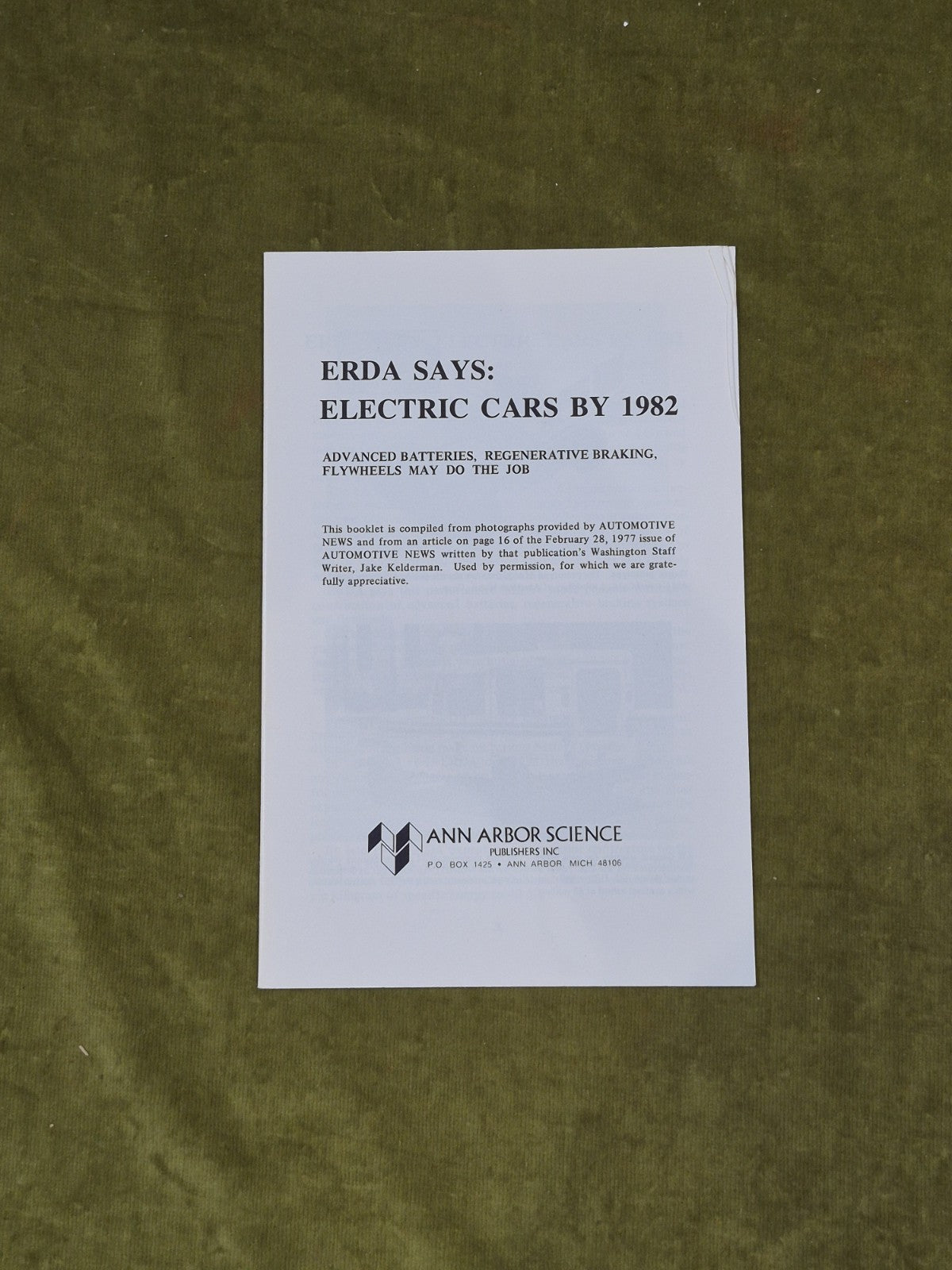 The Consumer's Electric Car - Ernest H. Wakefield , Ann Arbor + Pamphlet 1977 DJ8