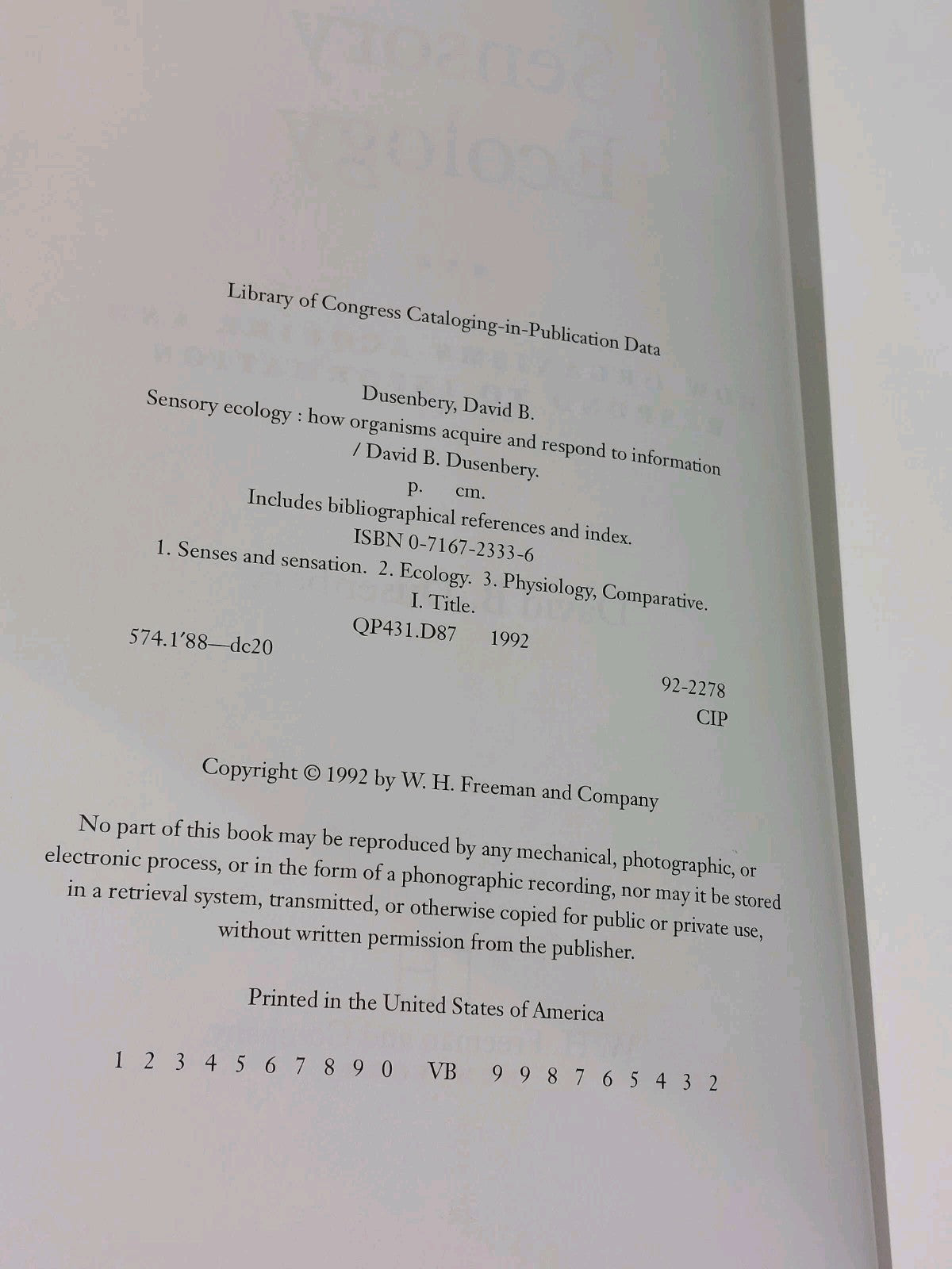 Sensory Ecology : How Organisms Acquire & Respond to  David Dusenbery (1992) Hb4
