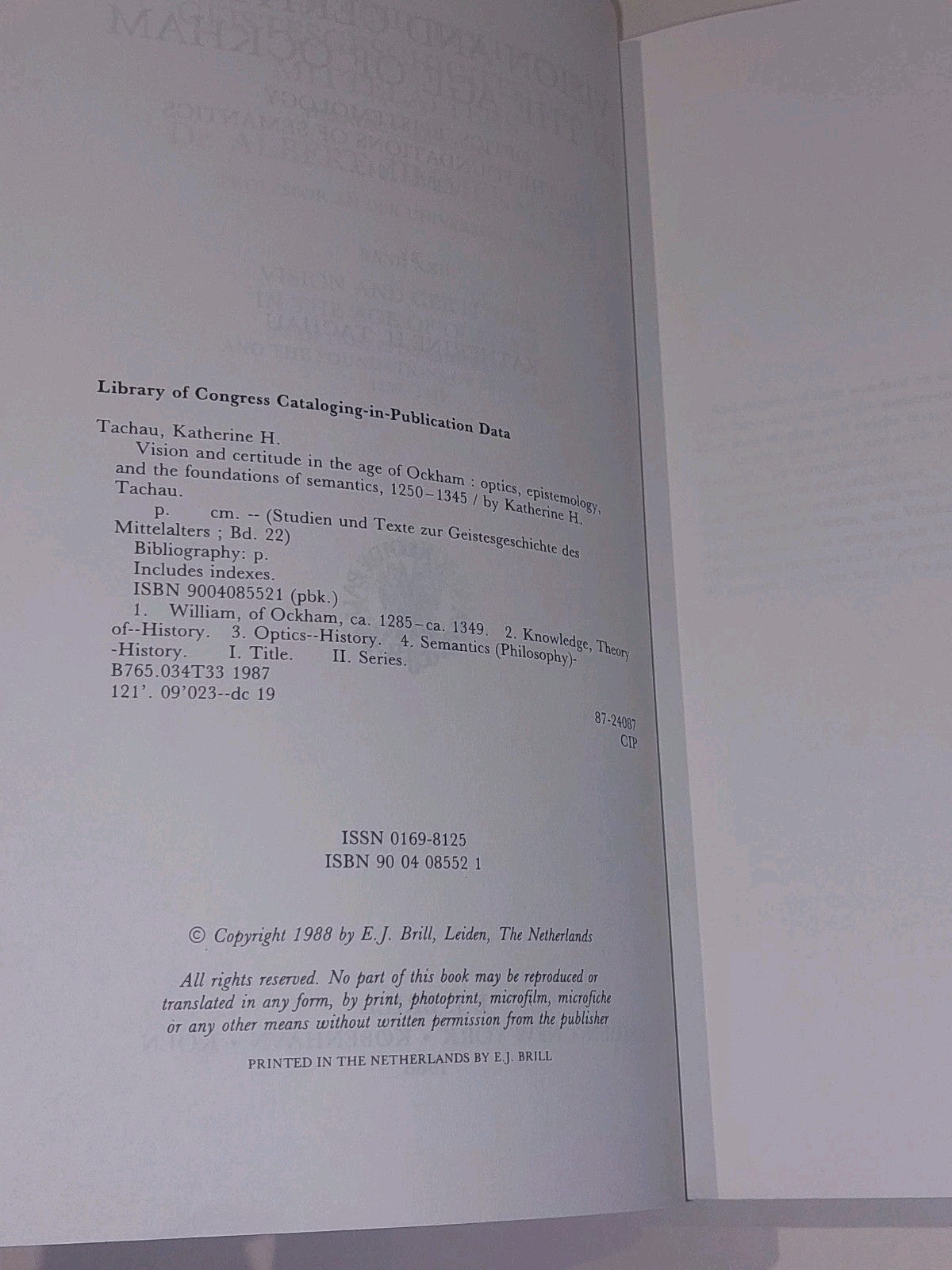 Vision and Certitude in the Age of Ockham  Katherine Tachau (1988) Pb Book4