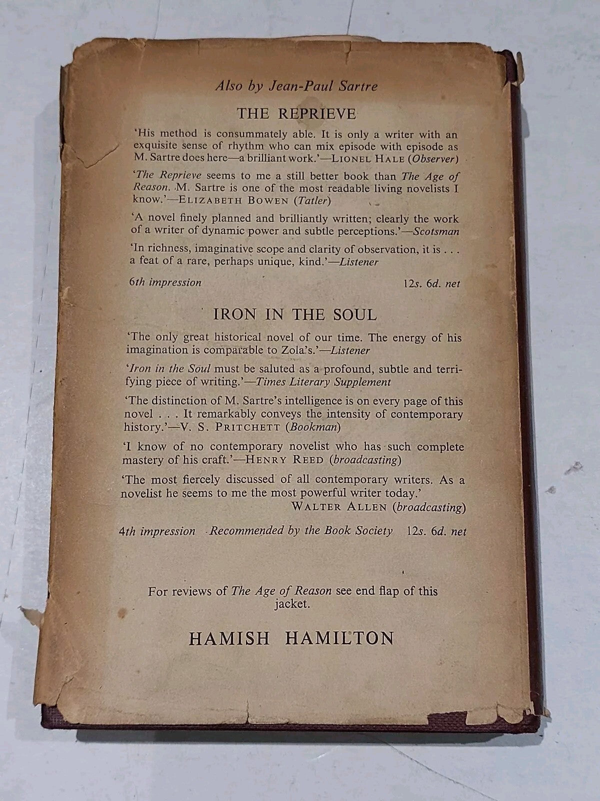 The Age Of Reason, Jean-paul Satre (1957) 8th Impression Hb Book w/ Dust Jacket2