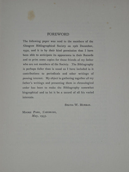 David Murray A Bibliographical Memoir By Sylvia W. Murray 19334