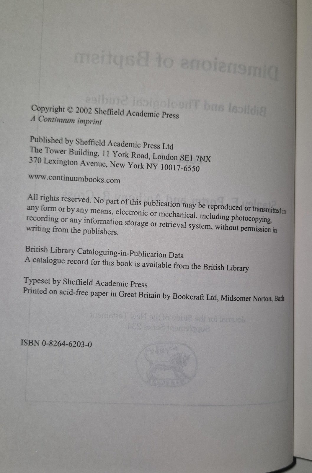 Porter  Dimensions of Baptism  New hardback or cased book  T555z4