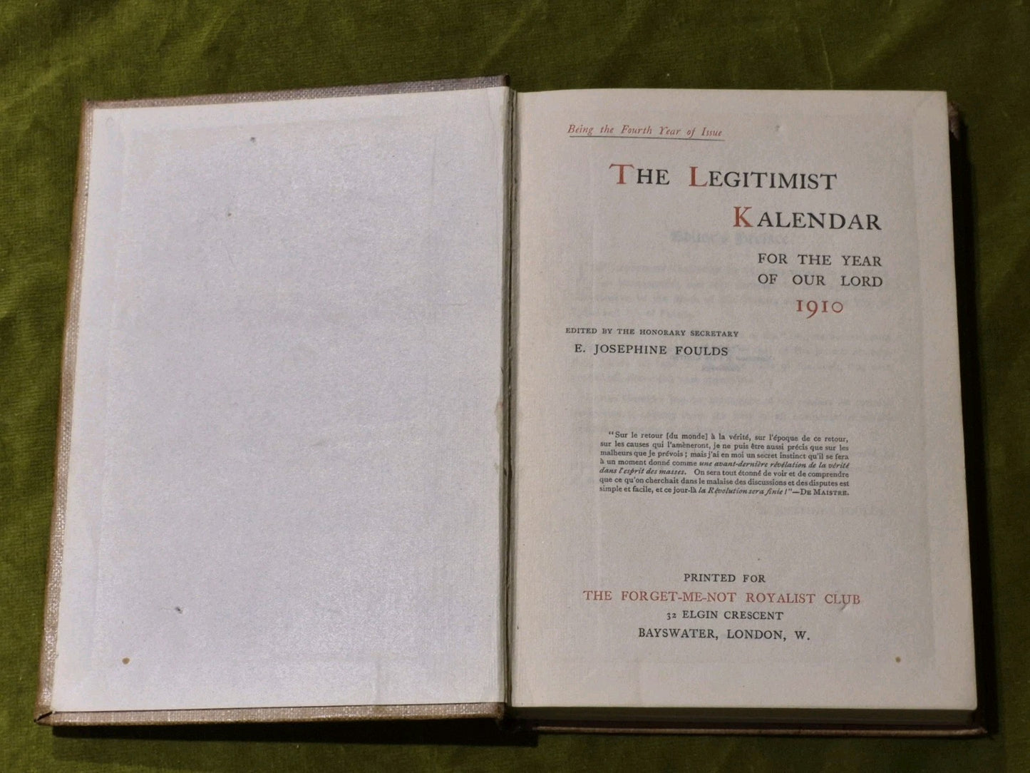 E Josephine Foulds  Legitimist Kalendar For The Year of Our Lord 19103