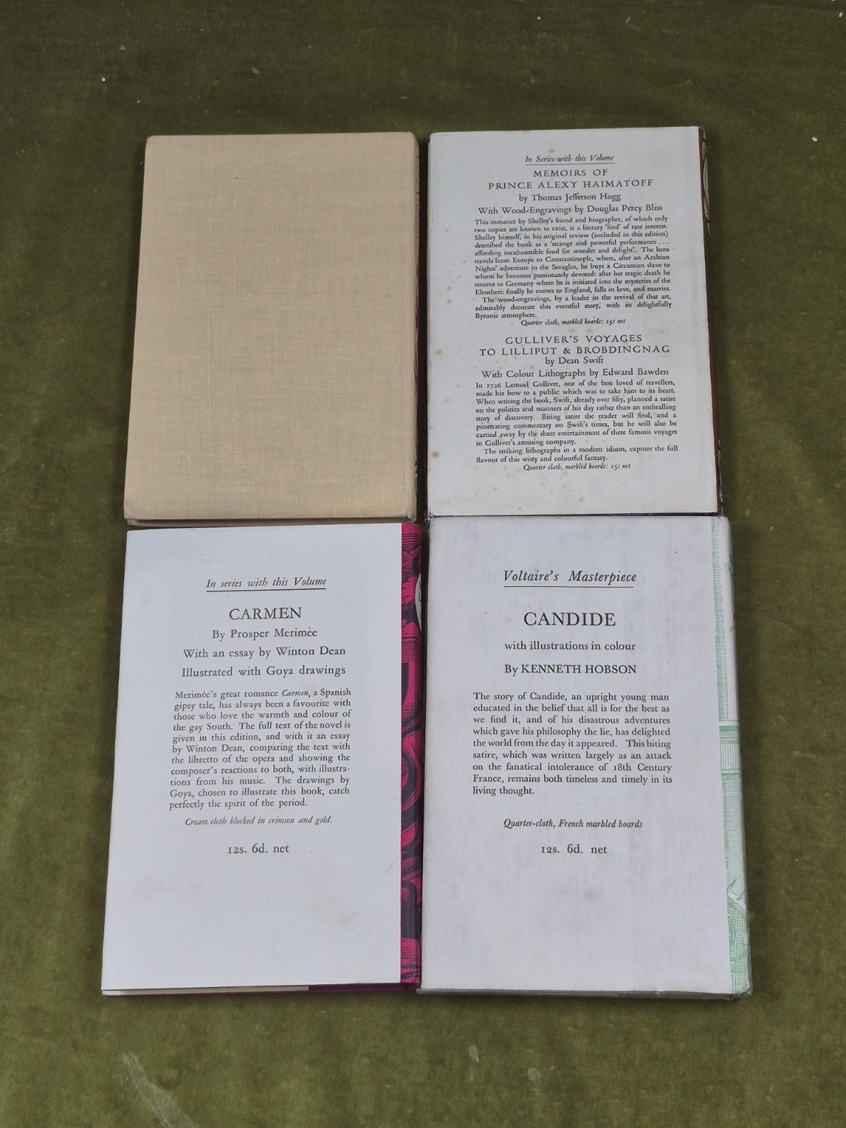 Set of 4 Early, 1st Ed Folio Society books : Carmen, Manon, Voltaire, Two Tales1