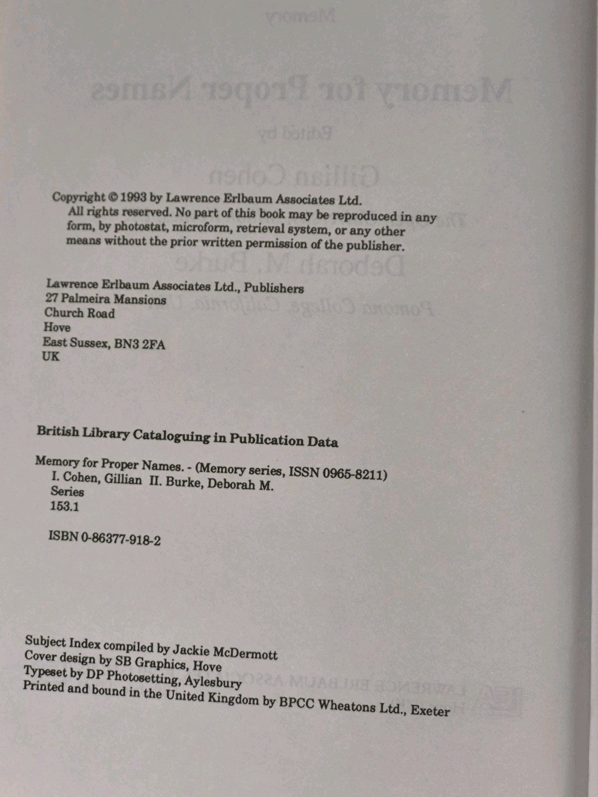 Memory for Proper Names: Memory special issue, hardback5