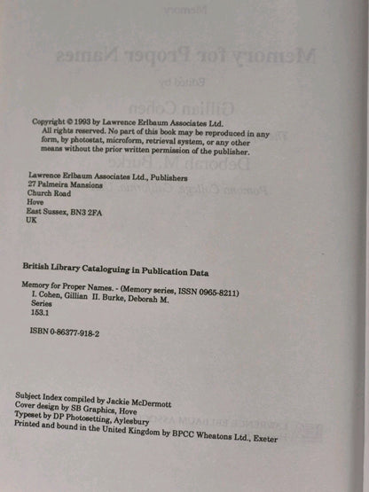 Memory for Proper Names: Memory special issue, hardback5