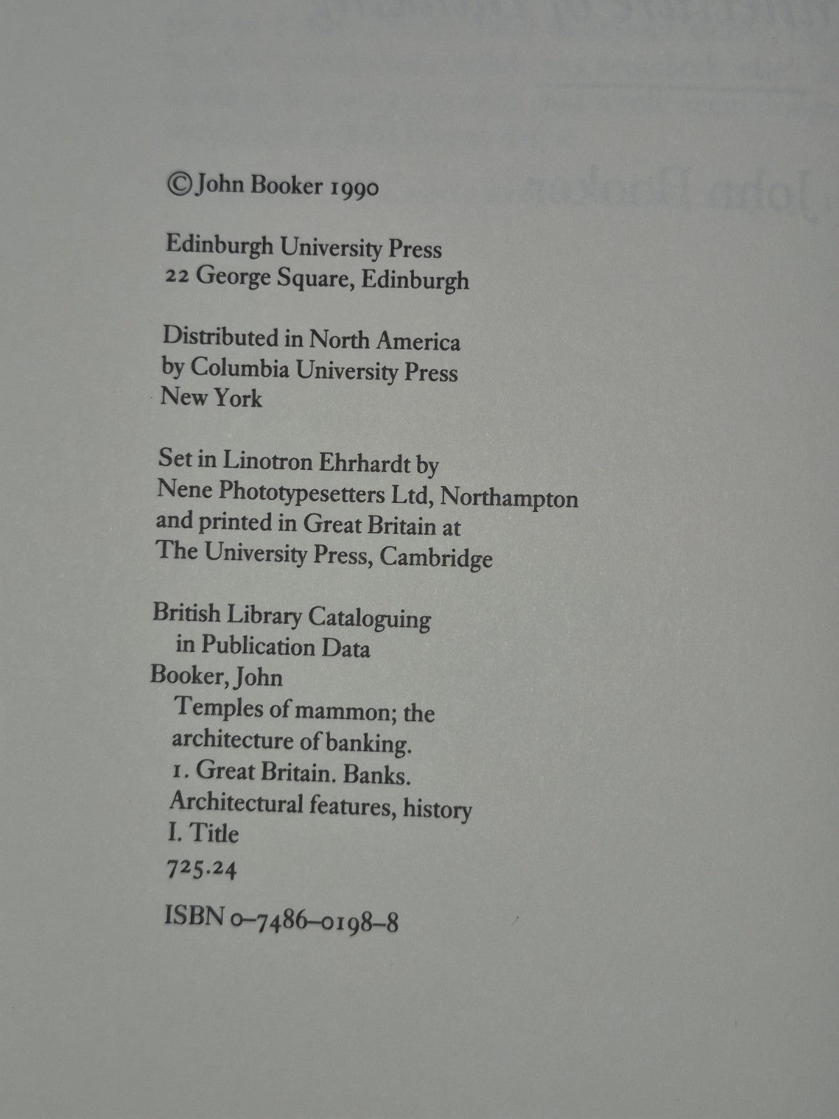 Temples of Mammon: Architecture of Banking John Booker1 19905