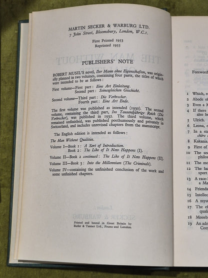 THE MAN WITHOUT QUALITIES BY ROBERT MUSIL 1954-1960 IN THREE VOLUMES4