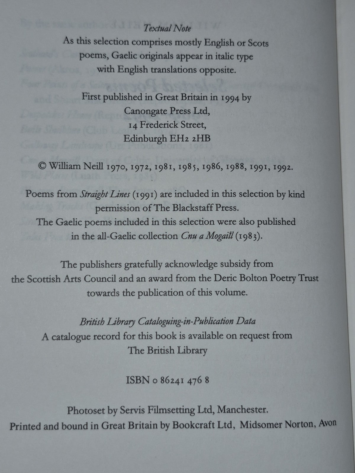 William Neill Selected Poems 1969-1992 Canongate Press 1994 4
