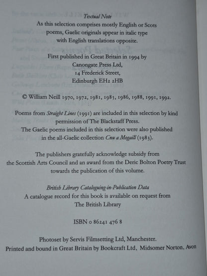 William Neill Selected Poems 1969-1992 Canongate Press 1994 4