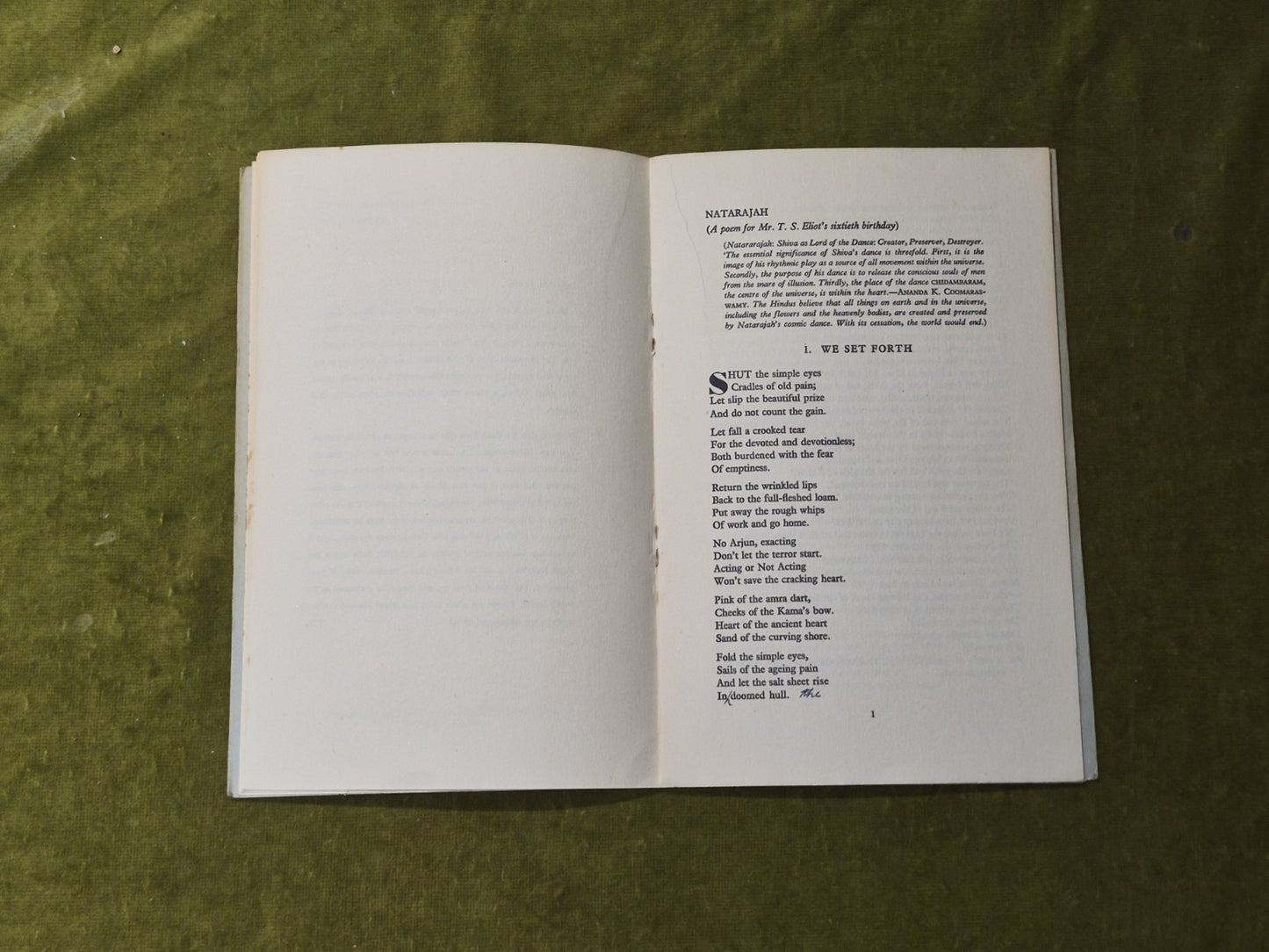 Natarajah : A Poem for T S Eliot's 60th Birthday by Tambimuttu 1948 PB4