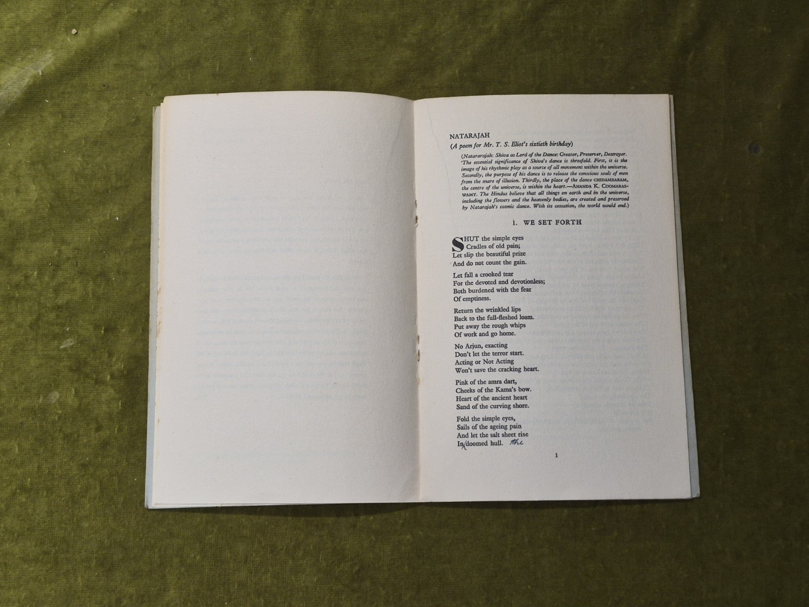 Natarajah : A Poem for T S Eliot's 60th Birthday by Tambimuttu 1948 PB4
