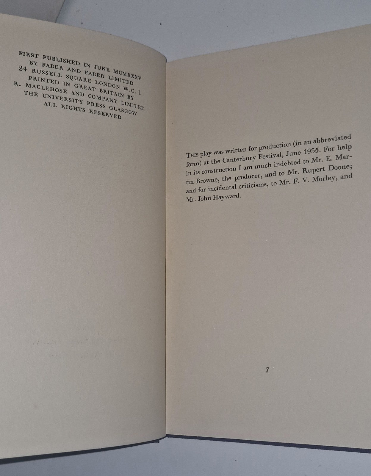 Murder in the Cathedral  T.S. Eliot  First UK edition / First printing 19353