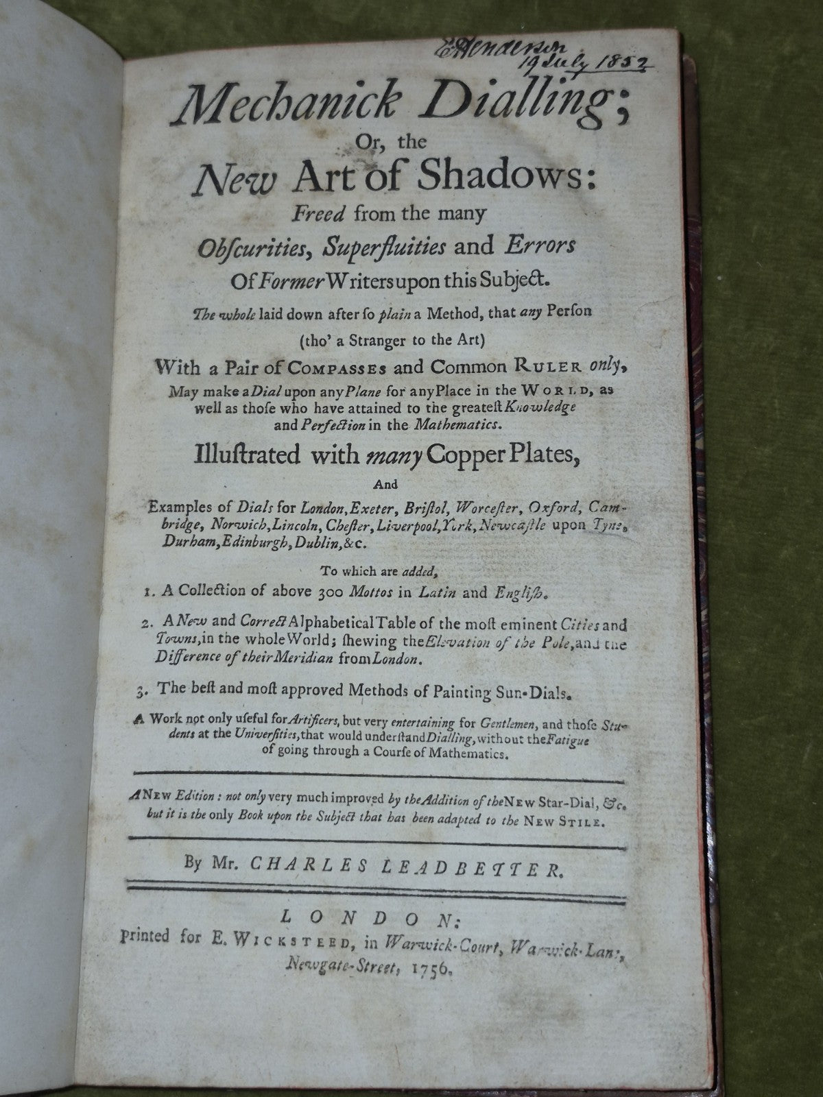 Scarce MECHANICK DIALLING NEW ART OF SHADOWS 12 fold out plates  Leadbetter 175616