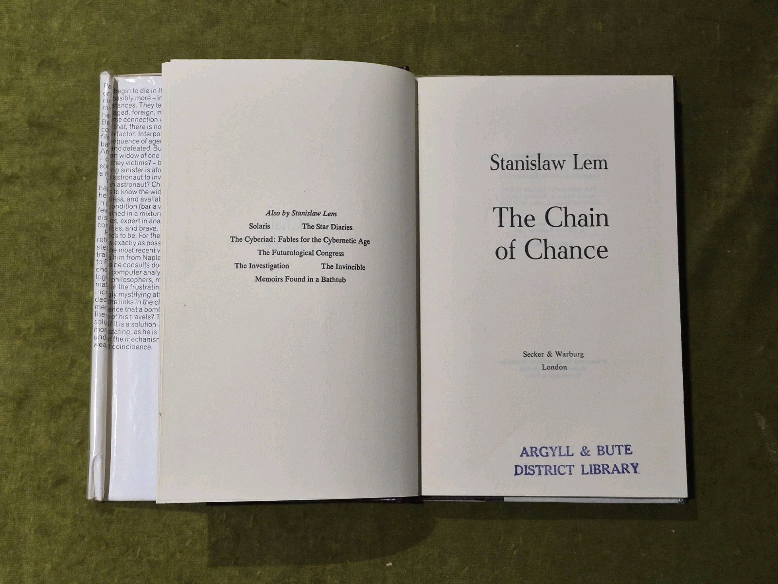 Chain of Chance - Stanislaw Lem - 1st English Edition 1978 Secker Warburg HB DJ4