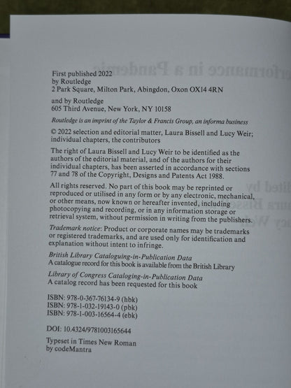 Performance in a Pandemic Laura Bissed Lucy Weir 2022 Hardback3