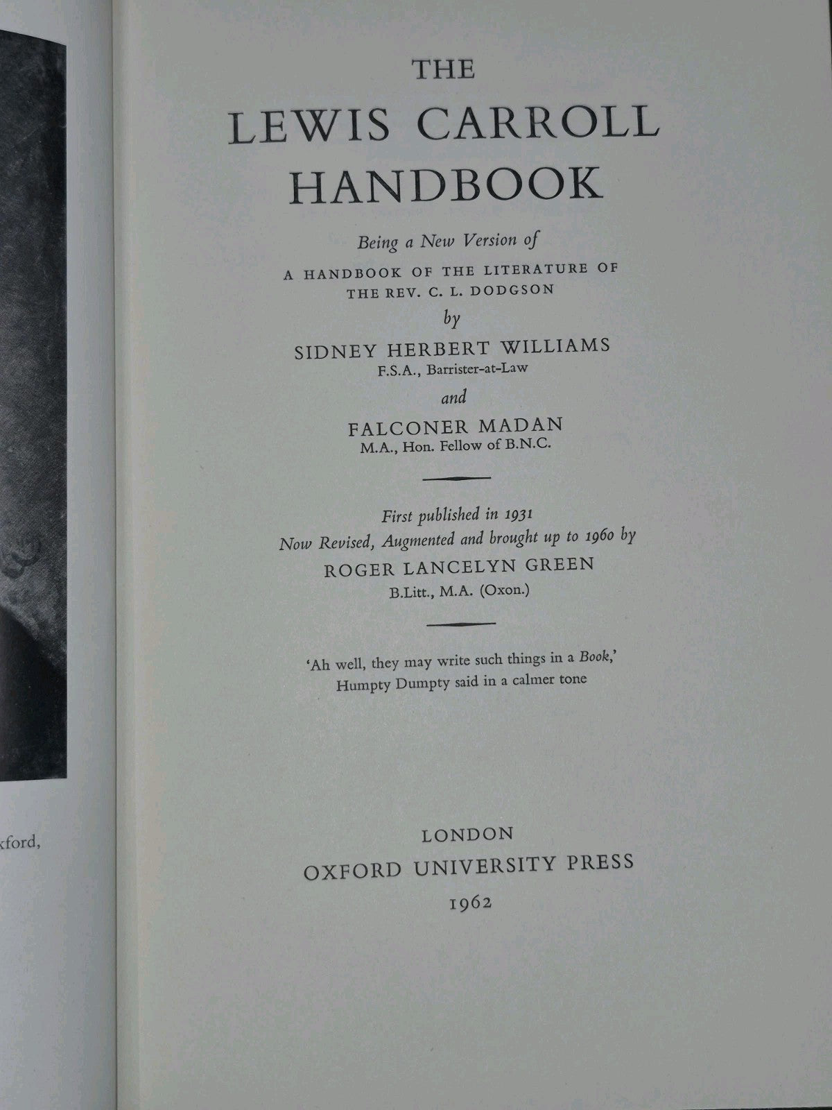 The Lewis Caroll Handbook Sidney Herbert Williams Falconer Madan 1962 5