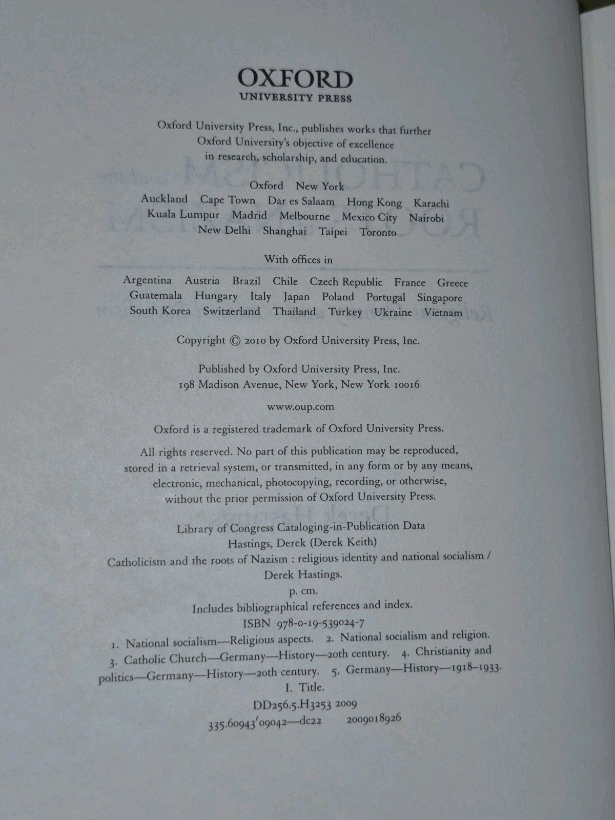 Catholicism and the Roots of Nazism Hardback Derek Hastings 20104