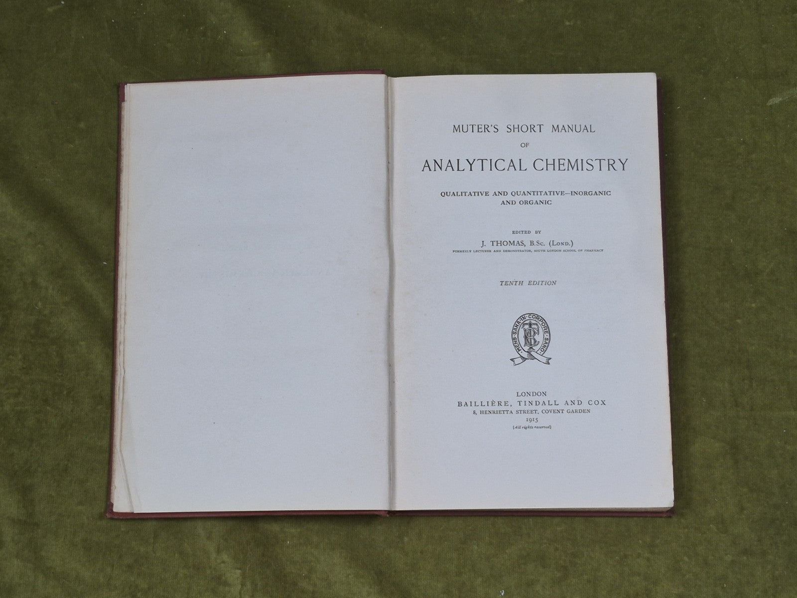 A Short Manual of Analytical Chemistry by John Muter. Hardback 4