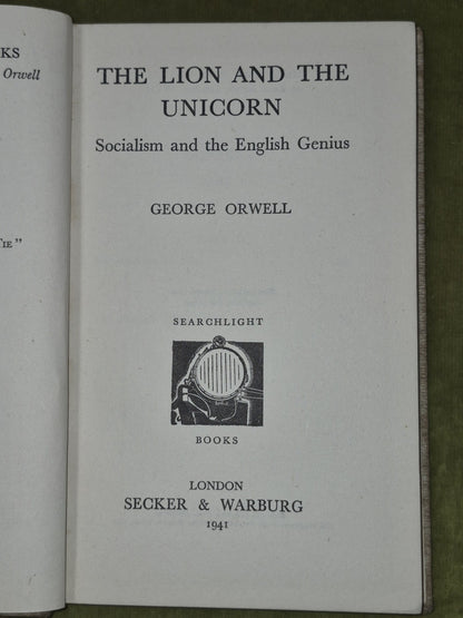 Lion and the Unicorn Orwell First Edition 1941 Secker & Warburg Second Printing 5