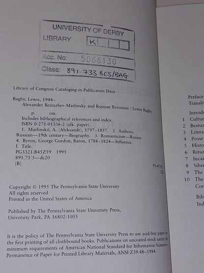 Alexander Bestuzhev-Marlinsky & Russian Byronism By Lewis Bagby (1995) Hb Book6