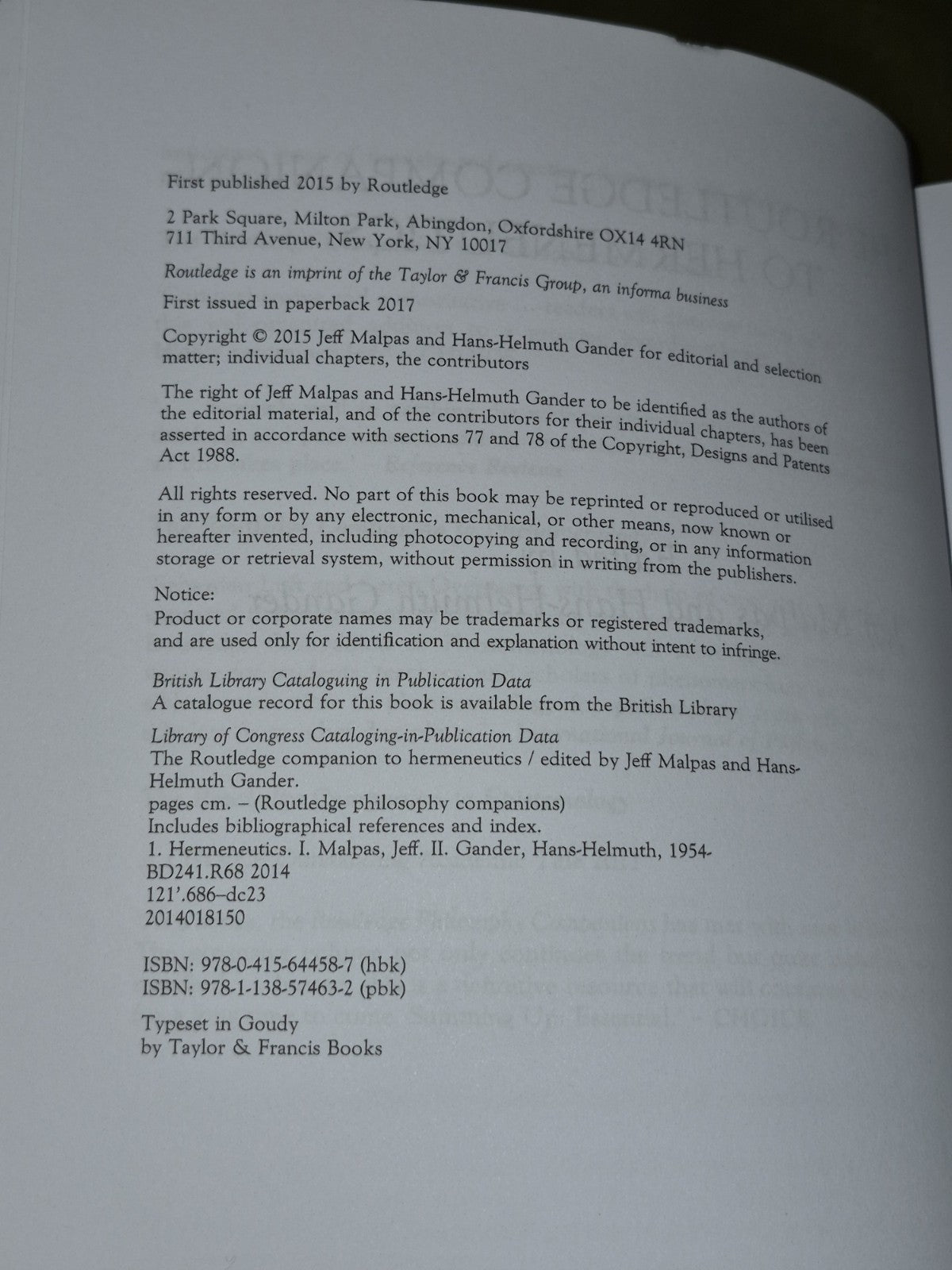 THE ROUTLEDGE COMPANION TO HERMENEUTICS ROUTLEDGE By Jeff Malpas & Hans-helmuth5