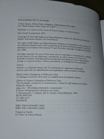 THE ROUTLEDGE COMPANION TO HERMENEUTICS ROUTLEDGE By Jeff Malpas & Hans-helmuth5