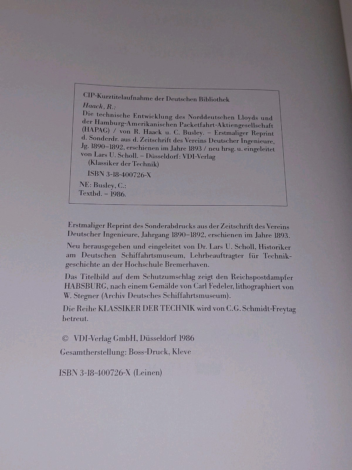 Die Technische Entwicklung Des Norddeutschen Lloyds ... (1986) [VDI Verlag] Hb 8