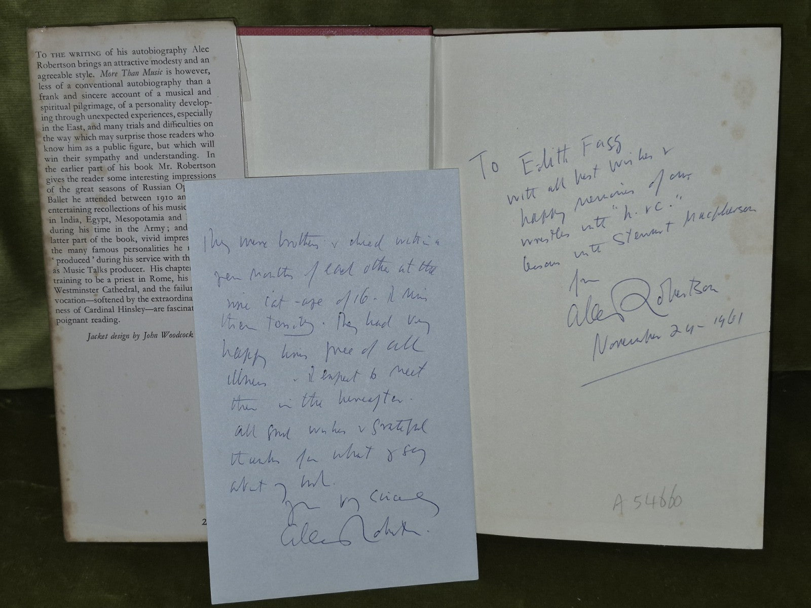 More Than Music (1961 First) Alec Robertson - SIGNED with Letter from Author3