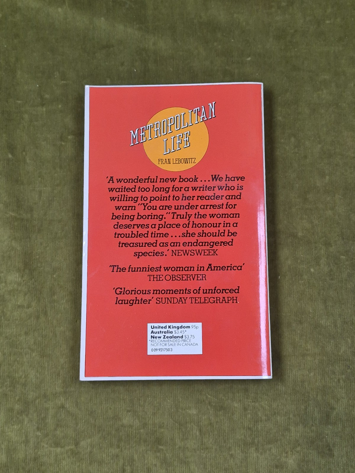 Metropolitan Life by Fran Lebowitz , Arrow 1980 Paperback1