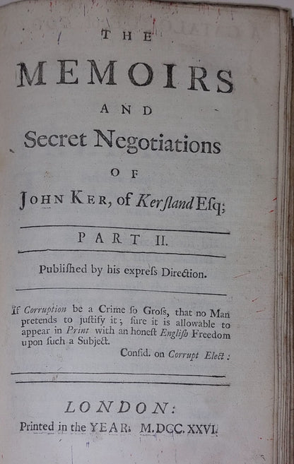 Antiquarian Book, Memoirs of John Ker, of Kersland in North Britain (1726)7