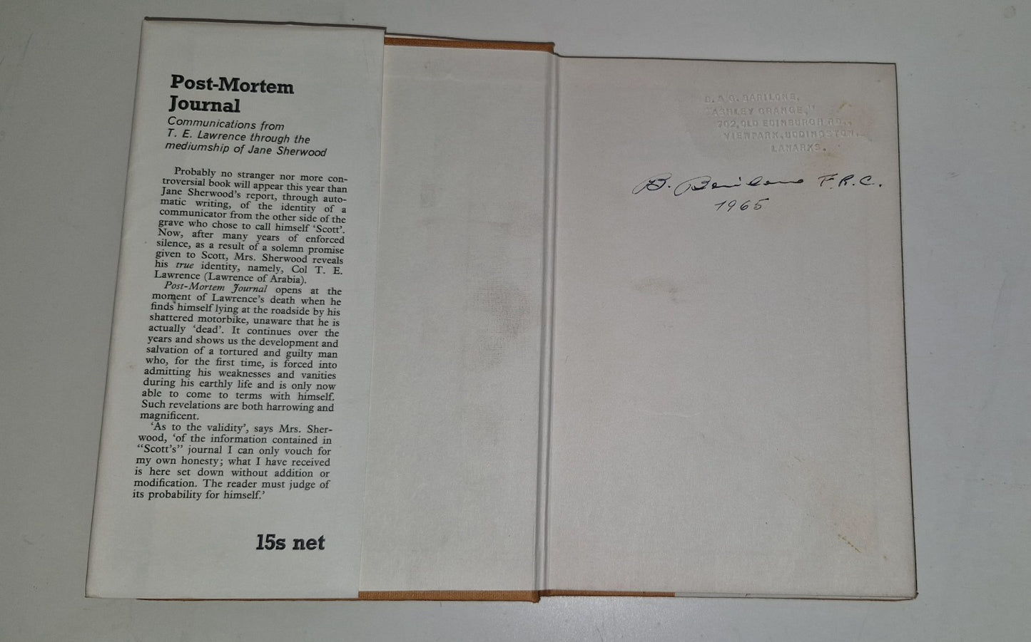 1964 T. E. LAWRENCE Arabia POST-MORTEM JOURNAL Jane Sherwood SUPERNATURAL 1st Ed4