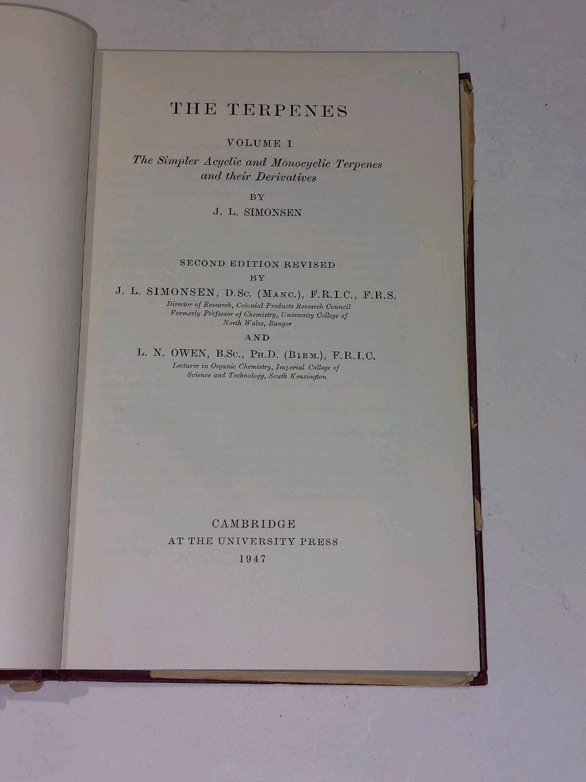 The Terpenes By John Simonsen [Volume 1  5] (Cambridge, 1957) 2nd Ed Hb Books3