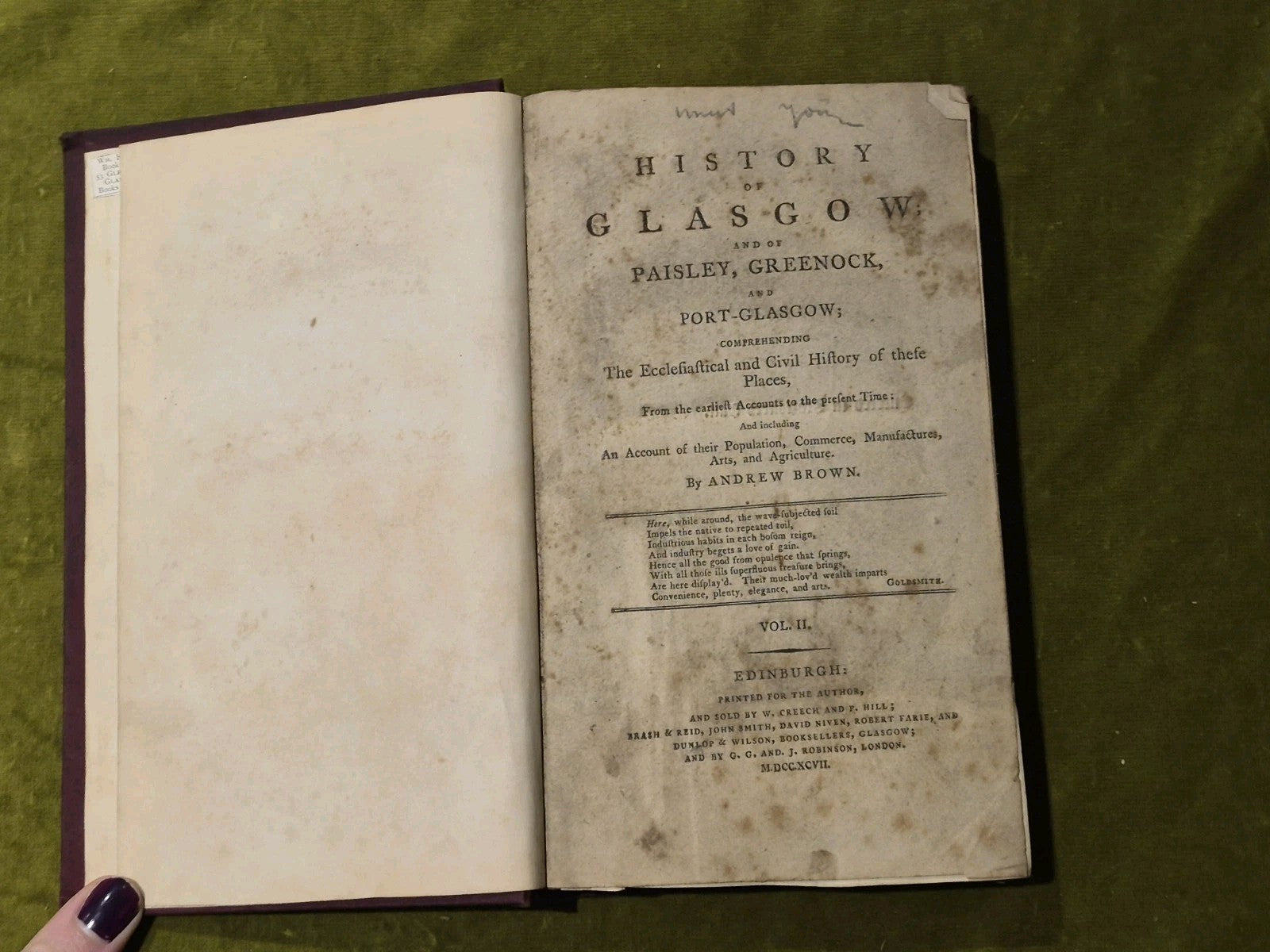 History of Glasgow and of Paisley , Greenock and Port Glasgow Brown 1795 Vol 1&210
