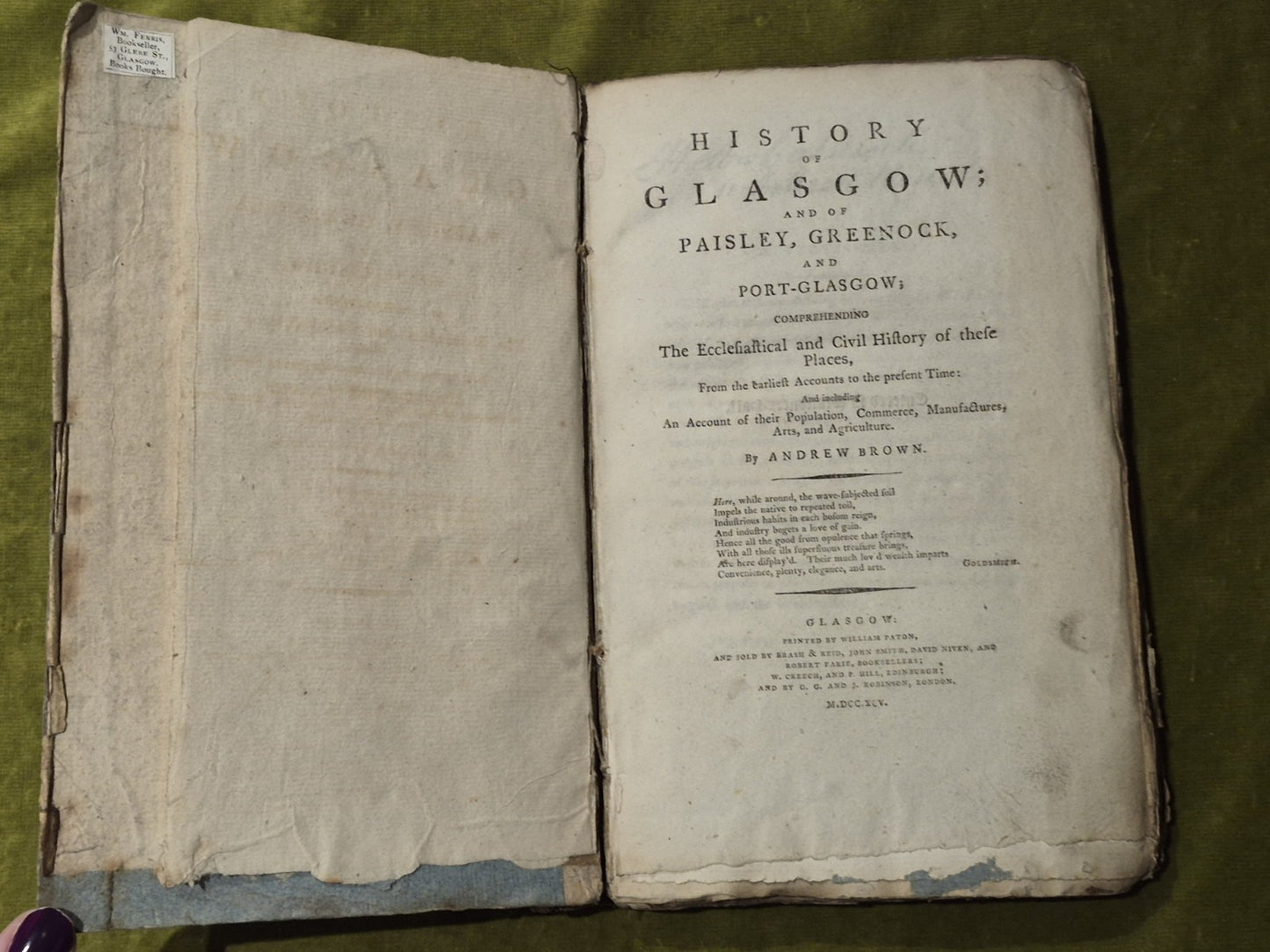 History of Glasgow and of Paisley , Greenock and Port Glasgow Brown 1795 Vol 1&24