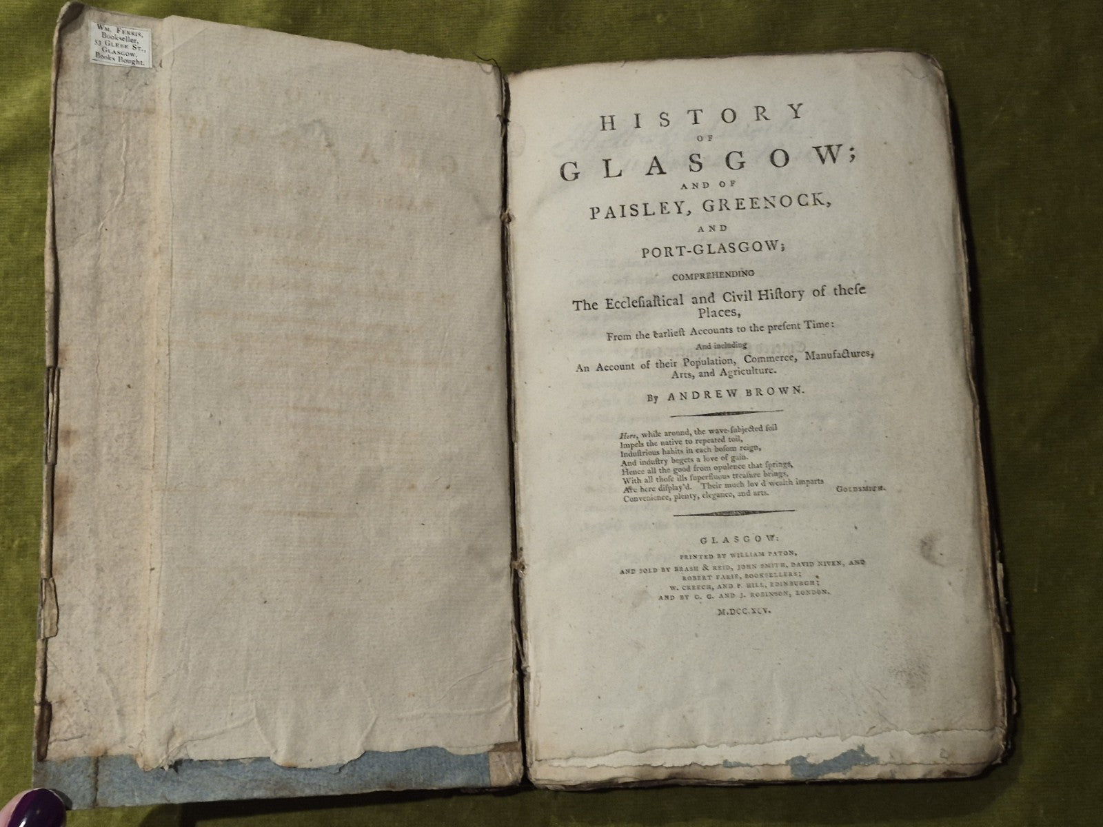 History of Glasgow and of Paisley , Greenock and Port Glasgow Brown 1795 Vol 1&24