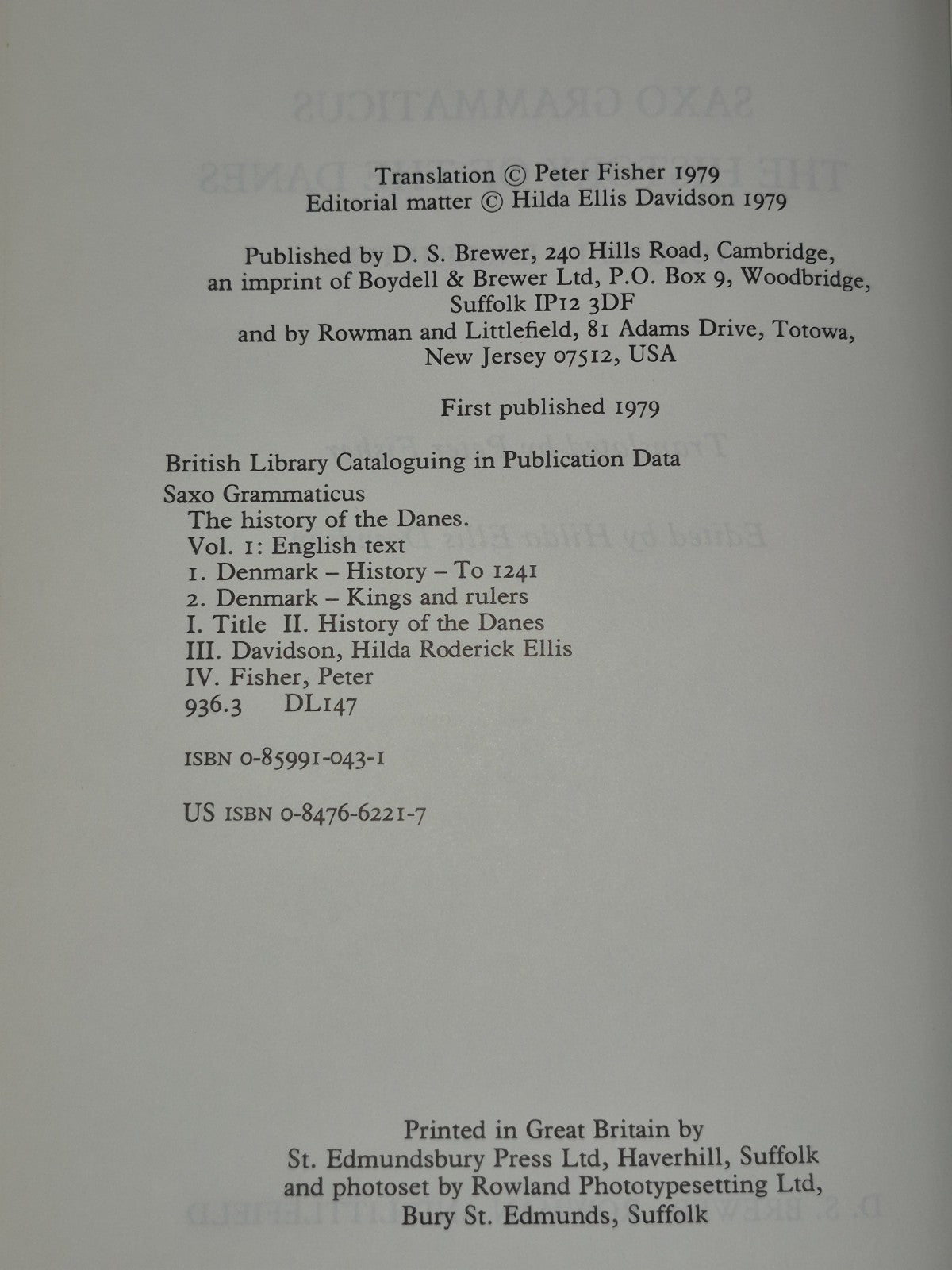 Saxo Grammaticus History of the Danes I Text Hilda R Ellis Davidson7