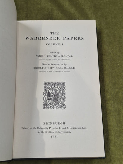The Warrander Papers in 2 Vols 3rd Series - A Cameron & R Rait , 1931 Constable3