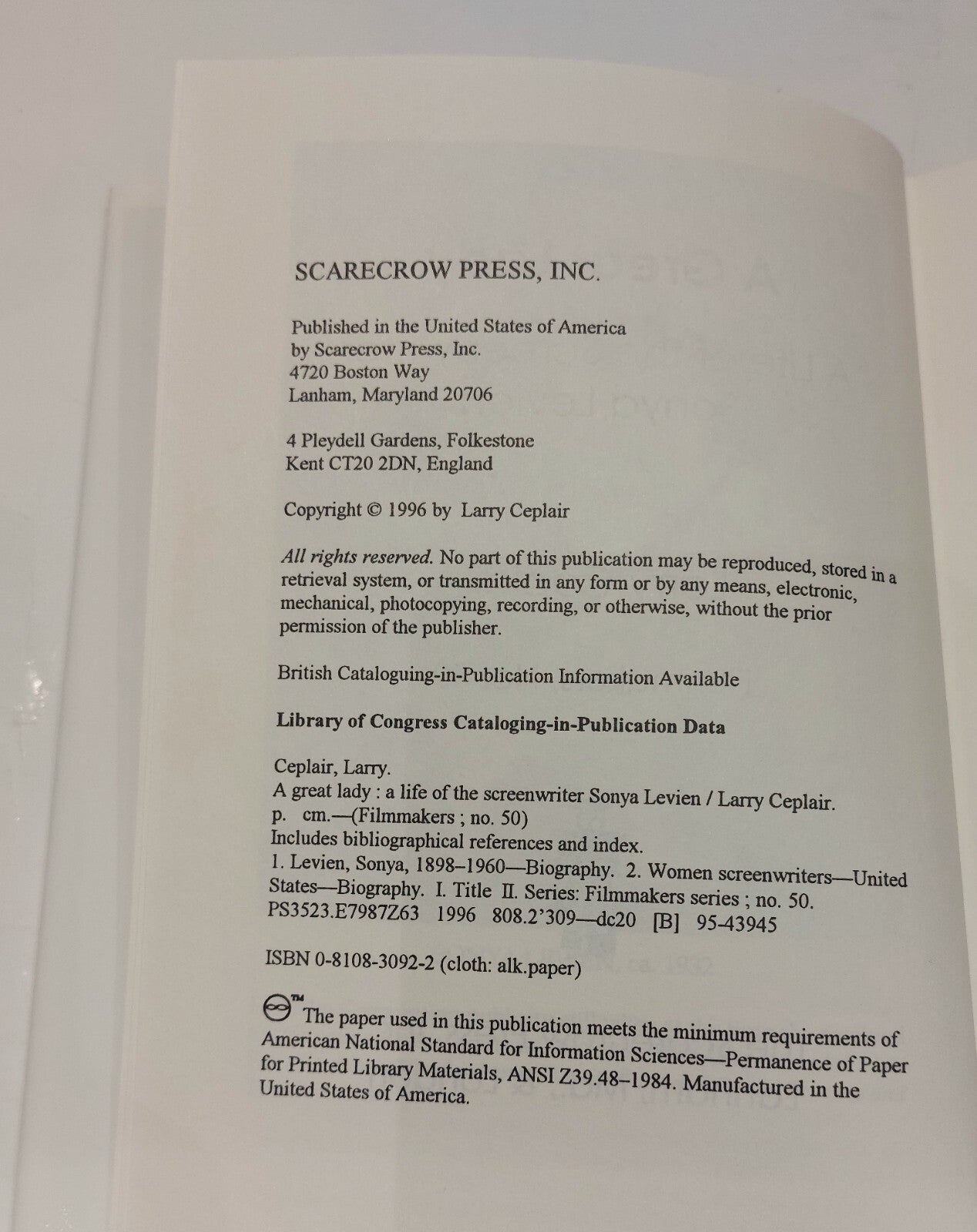 A Great Lady: Life of the Screenwriter Sonya Levien (1996) Book With Dustjacket7