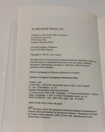 A Great Lady: Life of the Screenwriter Sonya Levien (1996) Book With Dustjacket7